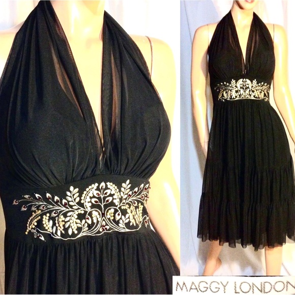 $138 Black Plunge Neck Halter Embroidered Layered Gypsycore Chiffon Dress~4~NWOT - Picture 1 of 12